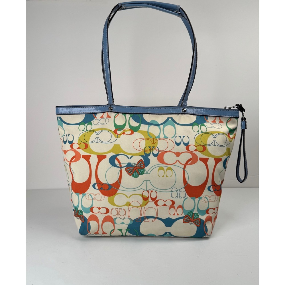 Coach Optic Signature Butterfly Leather Canvas Colorful Zip Tote Bag Purse Y2K - Picture 2 of 8